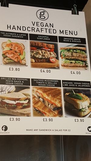 Vegan sandwich menu at Grano in Manchester