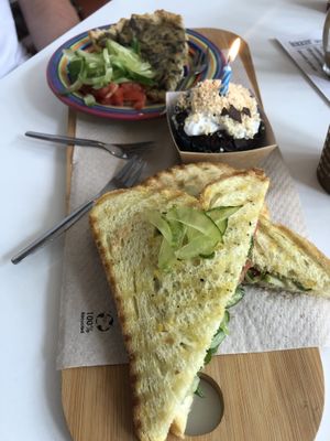 Tosti musterd, chocolate cupcake, spinach quiche at Veggie in Rotterdam