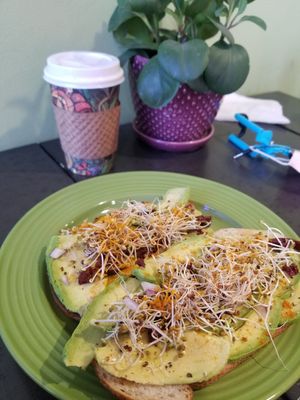 Avocado toast and hazelnut coffee with soy milk at Goddess Goods in Morro Bay