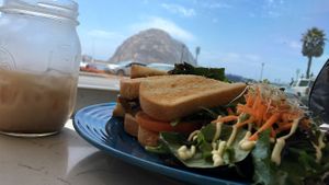 Drink: Chai Latte; Food: TLTA (tempeh, lettuce, tomato, & avocado) comes with a side salad at Goddess Goods in Morro Bay