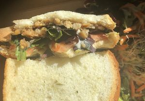 Tempeh bacon, lettuce, tomato, avocado sandwich. YUM! at Goddess Goods in Morro Bay