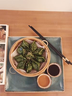 shiitake mushrooms, chinese brocoli and rice noodle dumplings with sauces (peanut + vinegar) at LeDu Happy Dumplings & Noodle in Munich