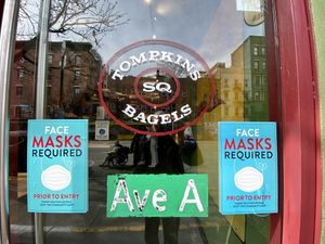 window  at Tompkins Square Bagels in New York City