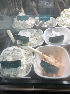 Different tofu spreads   at Tompkins Square Bagels in New York City