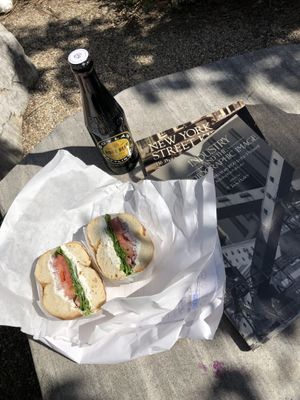 Bagel and a root beer   at Tompkins Square Bagels in New York City