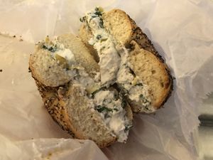 Everything bagel with artichoke n spinach   at Tompkins Square Bagels in New York City