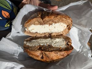 Plain tofu cream cheese on cinnamon bagel at Tompkins Square Bagels in New York City