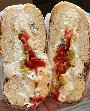 Bagel with tofu cream
Cheese , green olives, roasted peppers, cucumbers  at Tompkins Square Bagels in New York City
