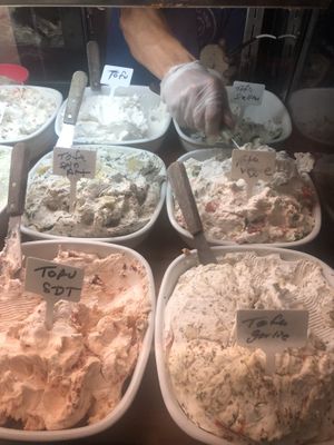 Vegan cream cheese flavors! at Tompkins Square Bagels in New York City