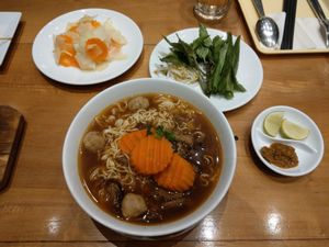 Noodle soup with cumin leave basil at Vitking House in Siem Reap