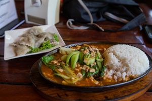 Fried tofu with rice at Vitking House in Siem Reap