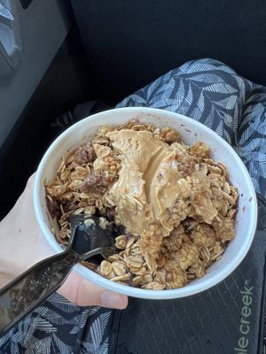 Smoothie bowl (granola, mulberries, and peanut butter on top)  at Boulevard of Greens in Fort Worth