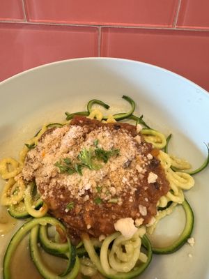 Via Rizzoli lentil bolognese with zucchini noodles topped with cashew Parmesan and fresh parsley!  at Boulevard of Greens in Fort Worth