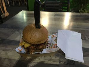 Double veef burger with jack fruit. Knife and fork required!  at MooFree Burgers - Food Truck in Morningside