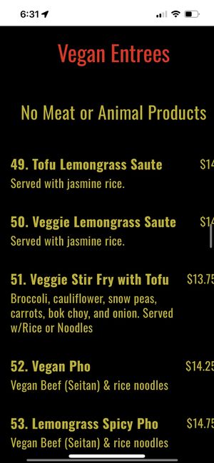Screen shot of vegan options  at Demi's Noodle House in Palmetto