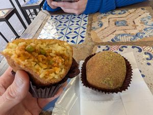 Rice and tomato sauce. Pistacchio on the table. at kePalle - Via Maqueda in Palermo