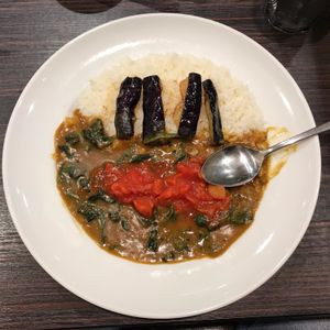 Egg plant and spinach with tomato.  at Coco Ichibanya in Hiroshima
