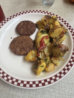 Vegan spuds and vegan sausage   at St Francis Fountain and Candy in San Francisco