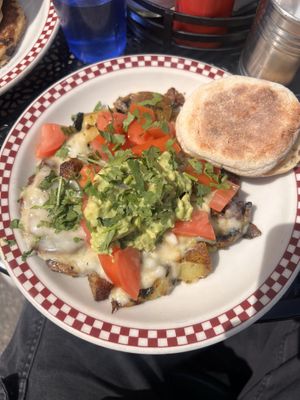 Vegan mess with vegan sausage and English muffin   at St Francis Fountain and Candy in San Francisco