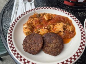 Tofu scramble with ranchero sauce and vegan sausage  at St Francis Fountain and Candy in San Francisco