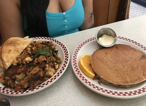 Tofu scramble and vegan banana walnut pancakes  at St Francis Fountain and Candy in San Francisco