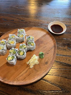 Mango Cucumber and Vegetable (asparagus, cucumber, and avocado) Rolls. Side salad not pictured.  at Miso in Fredericksburg
