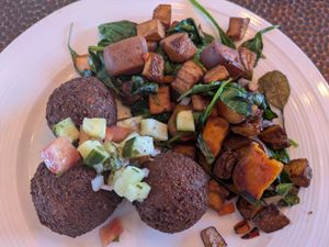 Falafel hash with potatoes at Ocean Beach Roasters in Ocean Shores