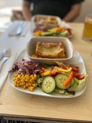 Lasagne and salad (sorry, the pic focussed more on the salad for some reason. Trust me, the lasagne was delicious)  at Vega in Tintagel