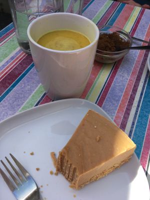 Peanut butter cheesecake was good, turmeric latte was just turmeric with milk  at Vega in Tintagel