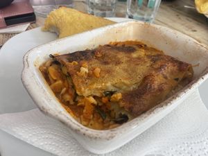 Lasagne. The garlic bread is wonderfully garlicky    at Vega in Tintagel