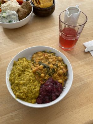 Chickpea and coconut curry & blackcurrant kombucha   at Vega in Tintagel
