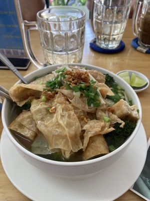 Tofu skins and tofu pieces of vegan yellow curry soup  #Veganuary at Vietnamese Coffee & Noodle Soup in Siem Reap