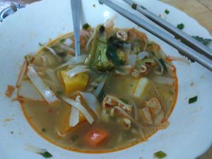 Half decimated yummy vegan pho chocked full of veggies and tofu at Vietnamese Coffee & Noodle Soup in Siem Reap