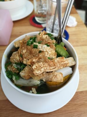 Vegan yellow noodle soup at Vietnamese Coffee & Noodle Soup in Siem Reap