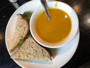 The Seedywich (V) & cup of Ginger Coconut Sweet Potato Soup (V) at Sleepy Bee Cafe - Downtown in Cincinnati