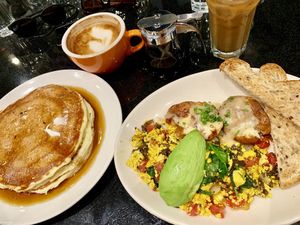 Tofu scramble (vegan), pancakes (vegetarian). Soooo good!!! at Sleepy Bee Cafe - Downtown in Cincinnati