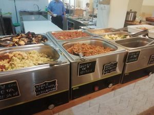 Hot food buffet at Loving Hut in Valencia