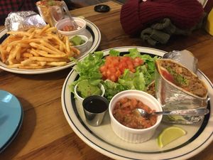You can choose between burrito with fries and burrito with salad at EvilTex in Takayama