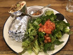 Vegan burrito with a side salad at EvilTex in Takayama
