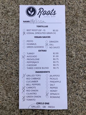 Wrap Order Options at Roots Juice Bar - Churn Creek in Redding