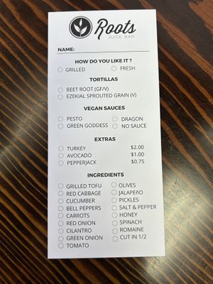 Wrap order sheet   at Roots Juice Bar - Churn Creek in Redding