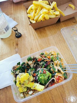 Mixture of salads and fries at Botanica in Teneriffe