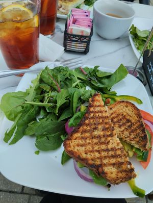 Reader panini sandwich with avocado, olive oil, tomato, greens and green peppers. Got this since most vegan options are only served till 11:30am. Make sure to ask for it vegan. at Shots Cafe in Lenox