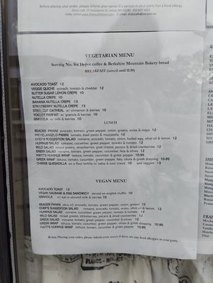 The vegetarian and vegan menu at Shots Cafe in Lenox