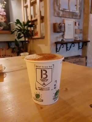 Superlatte of almond milk, cocoa, carob and alfalfa at BEAT Brew Bar in Valencia
