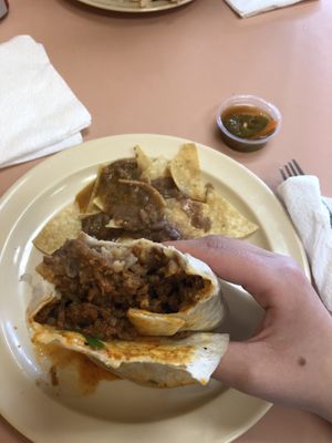 Combination Burrito with Soy Al Pastor & chips that come the side   at Lily's Tacos in Santa Ana