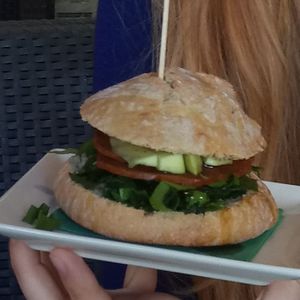 Vegan 'salami' sandwich at Cafe del Far in Salou