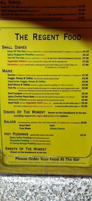 Menu at The Regent in Edinburgh