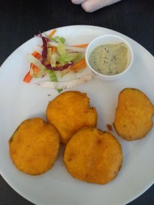Vegan version of the Aubergine Bhaji starter with coconut chutney! at Tanjore in Edinburgh