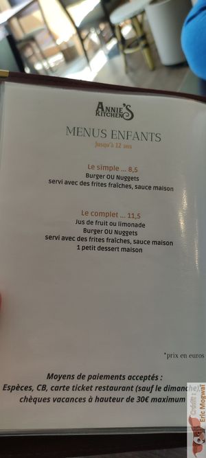 Children menus at Annie's Kitchen in Lille